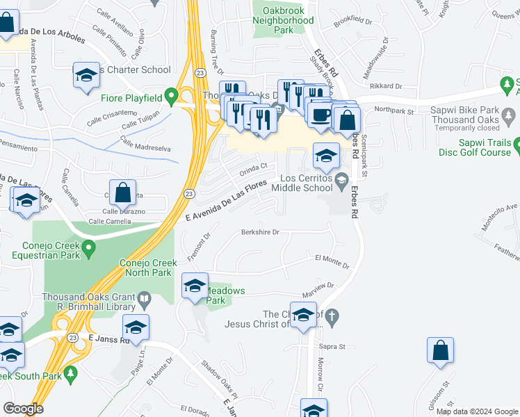 map of restaurants, bars, coffee shops, grocery stores, and more near 1794 Aleppo Court in Thousand Oaks