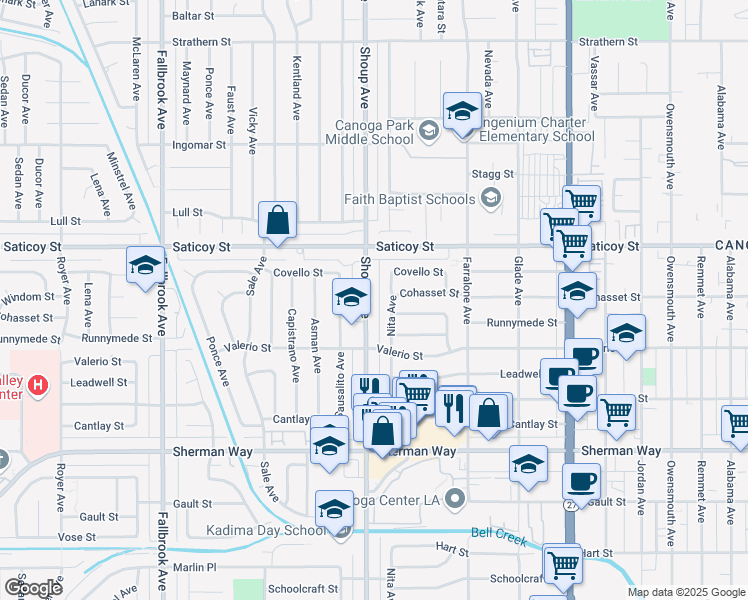 map of restaurants, bars, coffee shops, grocery stores, and more near 7460 Shoup Avenue in Los Angeles