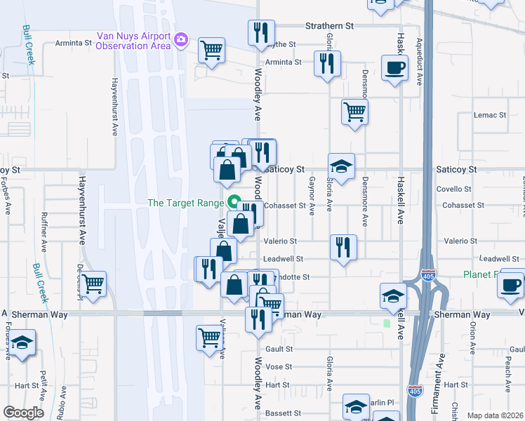 map of restaurants, bars, coffee shops, grocery stores, and more near 7452 Woodley Avenue in Los Angeles