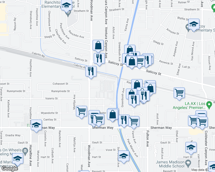 map of restaurants, bars, coffee shops, grocery stores, and more near 7560 Woodman Place in Los Angeles