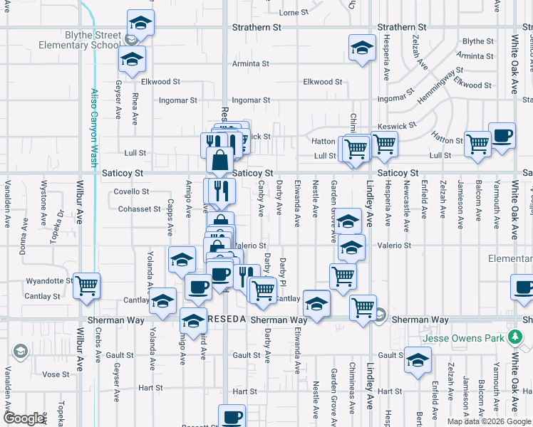 map of restaurants, bars, coffee shops, grocery stores, and more near 7441 Darby Avenue in Los Angeles