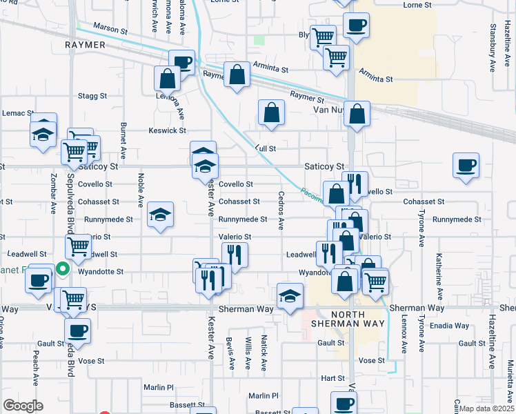 map of restaurants, bars, coffee shops, grocery stores, and more near 14753 Runnymede Street in Los Angeles