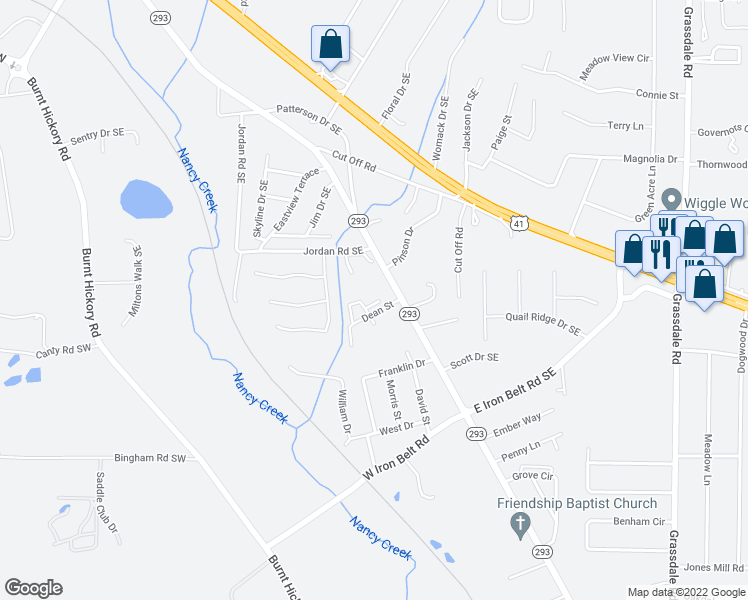 map of restaurants, bars, coffee shops, grocery stores, and more near 17 Dean Manor Way in Cartersville