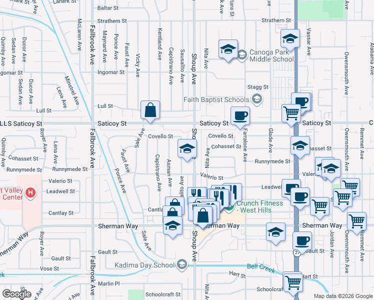 map of restaurants, bars, coffee shops, grocery stores, and more near 7458 Shoup Avenue in Los Angeles