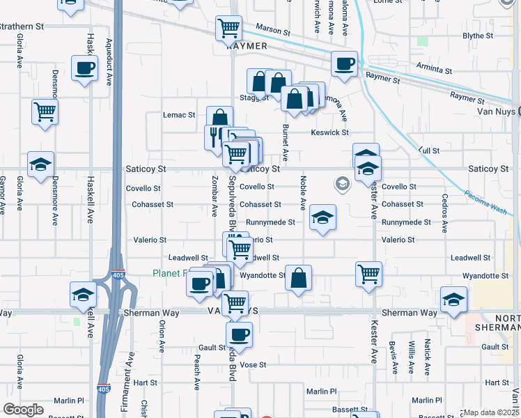 map of restaurants, bars, coffee shops, grocery stores, and more near 15210 Cohasset Street in Los Angeles