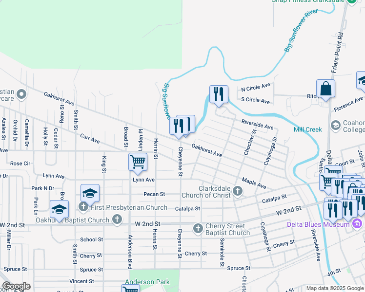 map of restaurants, bars, coffee shops, grocery stores, and more near 506 Pine St in Clarksdale