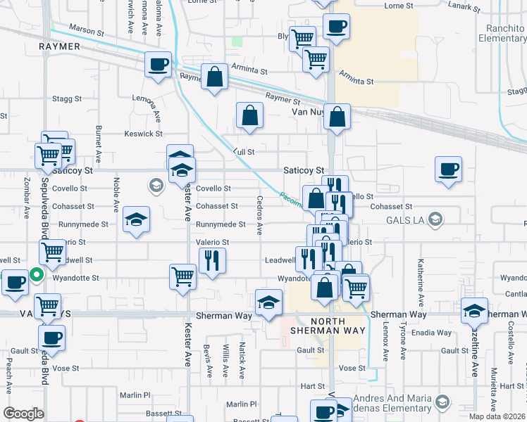 map of restaurants, bars, coffee shops, grocery stores, and more near 14658 Cohasset Street in Los Angeles