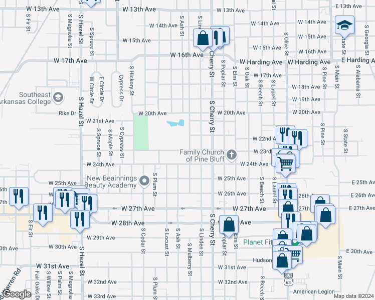 map of restaurants, bars, coffee shops, grocery stores, and more near 2300 South Mulberry Street in Pine Bluff