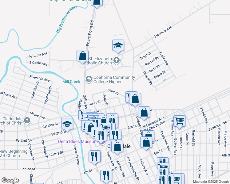 map of restaurants, bars, coffee shops, grocery stores, and more near Clark Street in Clarksdale