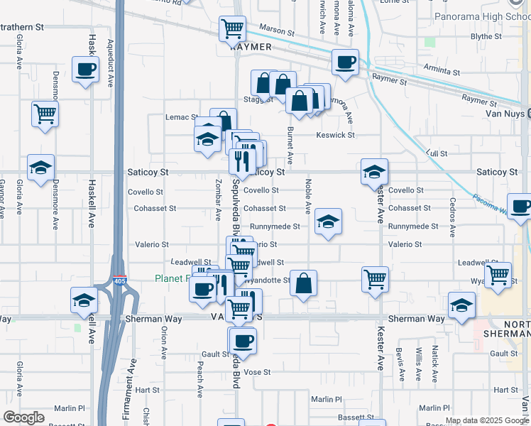 map of restaurants, bars, coffee shops, grocery stores, and more near 15210 Cohasset Street in Los Angeles