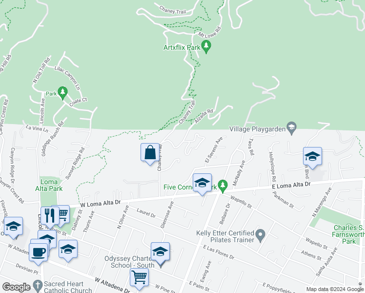 map of restaurants, bars, coffee shops, grocery stores, and more near 3758 Alzada Road in Altadena