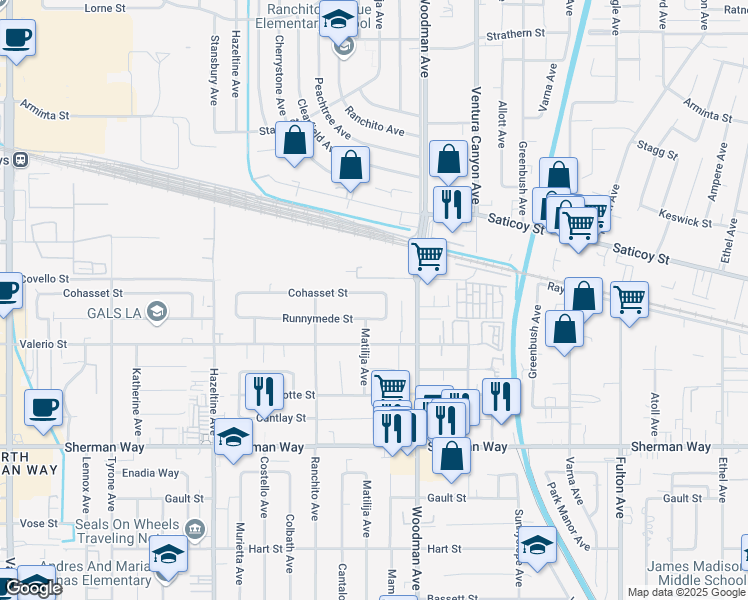 map of restaurants, bars, coffee shops, grocery stores, and more near 13752 Cohasset Street in Los Angeles