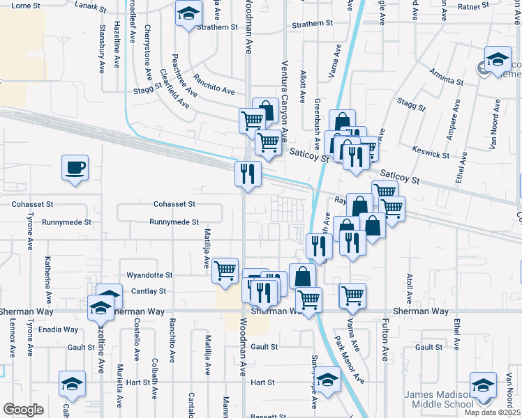 map of restaurants, bars, coffee shops, grocery stores, and more near 7560 Woodman Place in Los Angeles