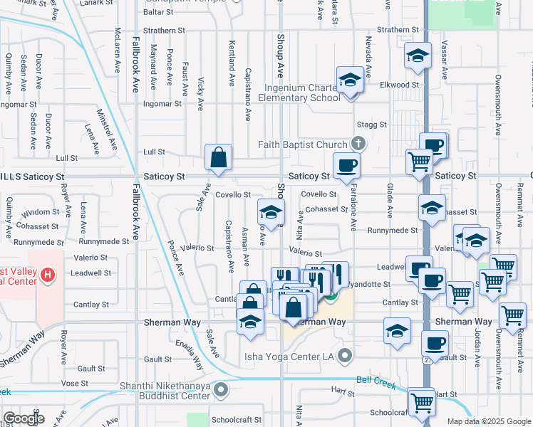 map of restaurants, bars, coffee shops, grocery stores, and more near 7448 Sausalito Avenue in Los Angeles