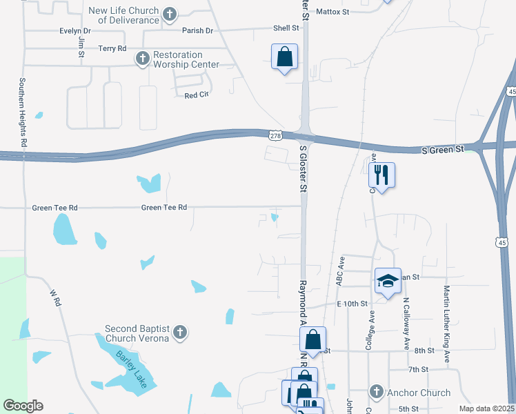 map of restaurants, bars, coffee shops, grocery stores, and more near 1179 Green Tee Road in Tupelo
