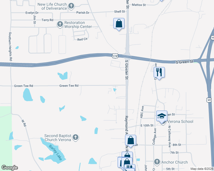 map of restaurants, bars, coffee shops, grocery stores, and more near 1179 Green Tee Road in Tupelo
