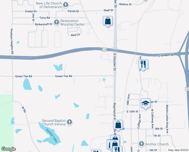 map of restaurants, bars, coffee shops, grocery stores, and more near 1179 Green Tee Road in Tupelo