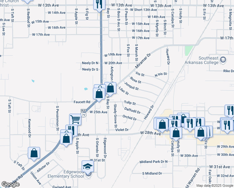 map of restaurants, bars, coffee shops, grocery stores, and more near 2517 South Bay Street in Pine Bluff