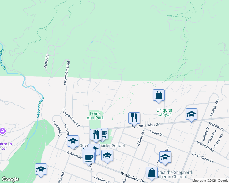 map of restaurants, bars, coffee shops, grocery stores, and more near 608 Chaparral Court in Altadena