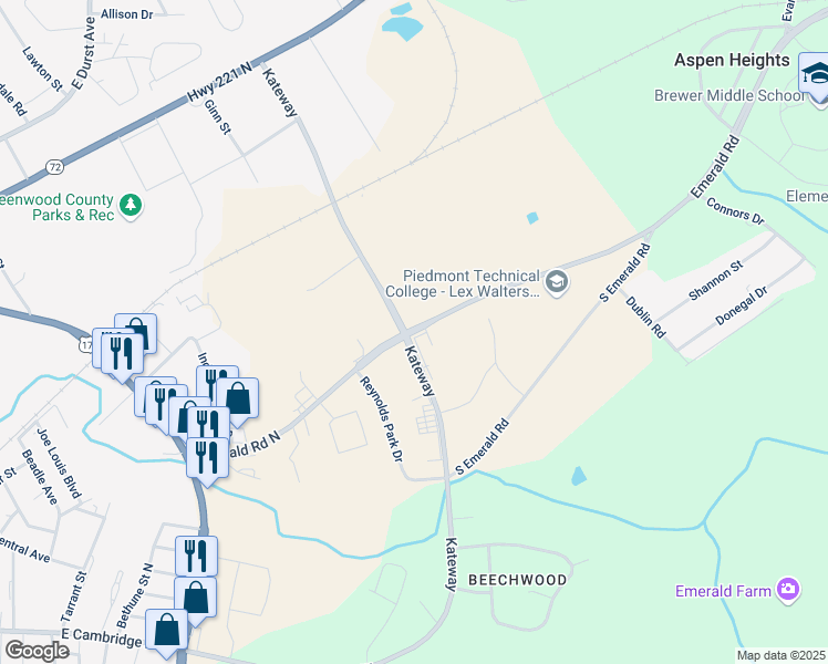 map of restaurants, bars, coffee shops, grocery stores, and more near 500 Emerald Road North in Greenwood