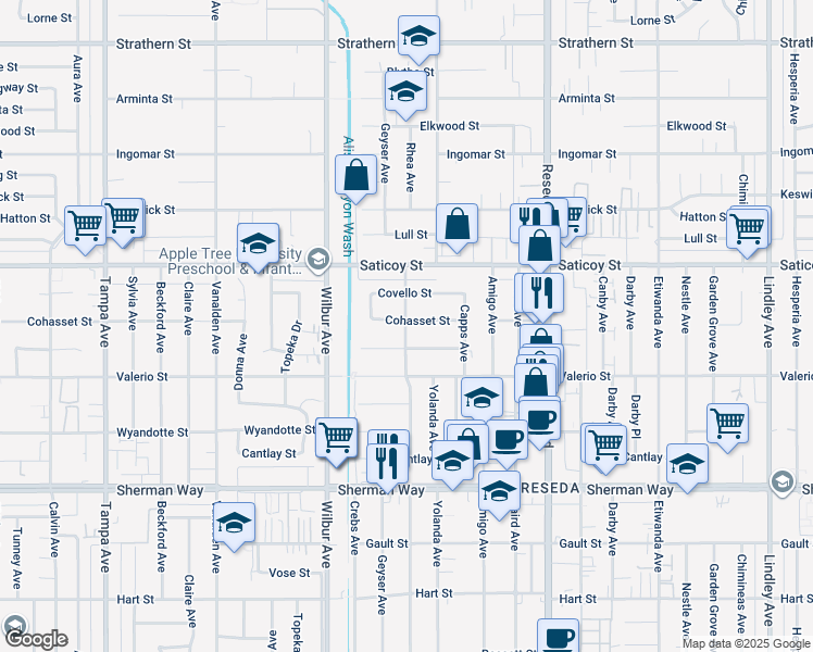 map of restaurants, bars, coffee shops, grocery stores, and more near 18745 Runnymede Street in Los Angeles