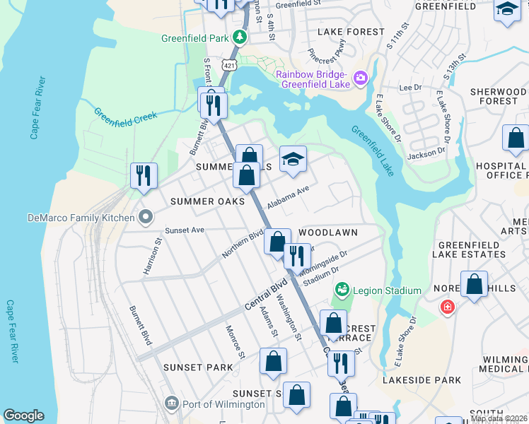 map of restaurants, bars, coffee shops, grocery stores, and more near in Wilmington