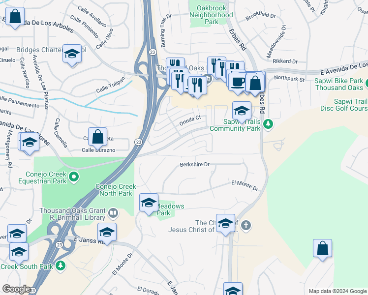 map of restaurants, bars, coffee shops, grocery stores, and more near 1761 Aleppo Court in Thousand Oaks