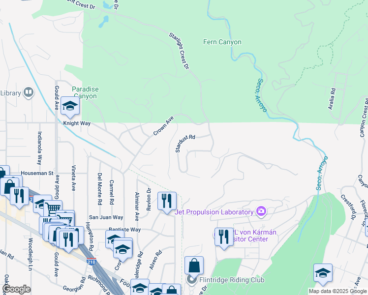 map of restaurants, bars, coffee shops, grocery stores, and more near 5311 Pali Point Lane in La Cañada Flintridge