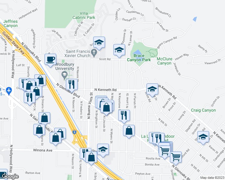 map of restaurants, bars, coffee shops, grocery stores, and more near N Kenneth Rd & N Myers St in Burbank