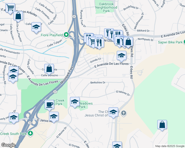 map of restaurants, bars, coffee shops, grocery stores, and more near 1761 Aleppo Court in Thousand Oaks