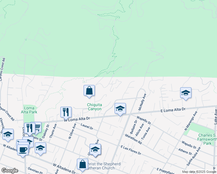 map of restaurants, bars, coffee shops, grocery stores, and more near 3758 Alzada Road in Altadena