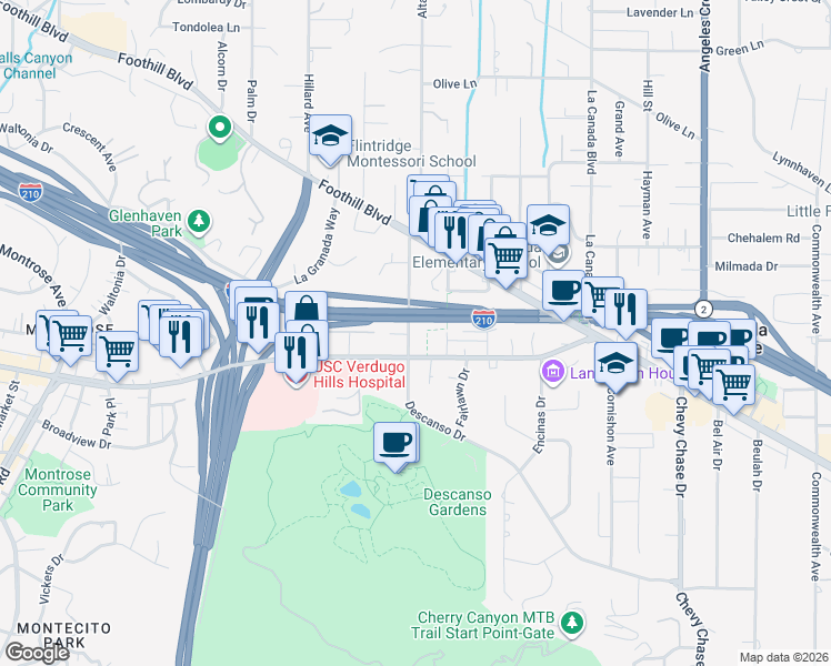 map of restaurants, bars, coffee shops, grocery stores, and more near 1607 Verdugo Boulevard in La Cañada Flintridge