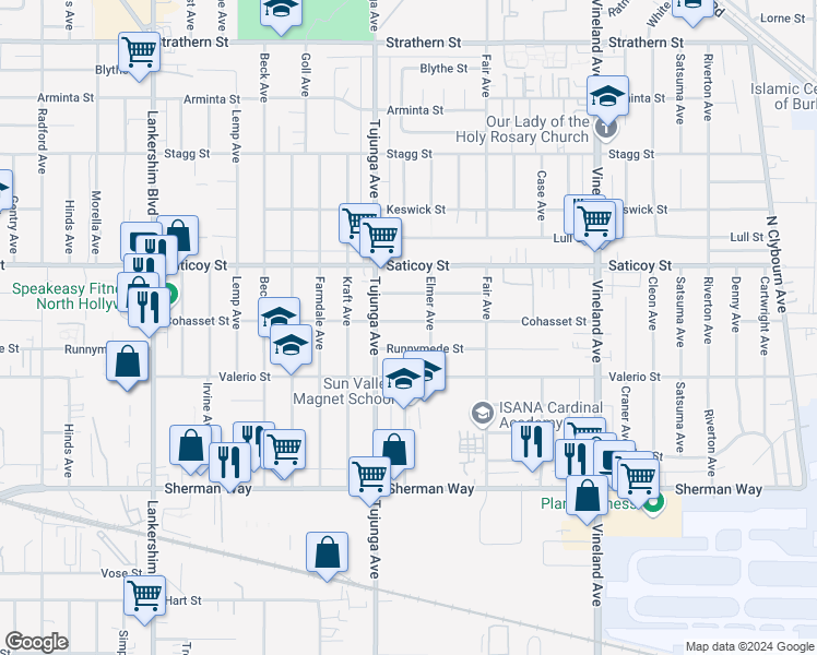map of restaurants, bars, coffee shops, grocery stores, and more near 11322 Cohasset Street in Los Angeles