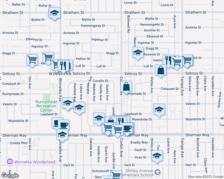 map of restaurants, bars, coffee shops, grocery stores, and more near 7444 Jumilla Avenue in Los Angeles