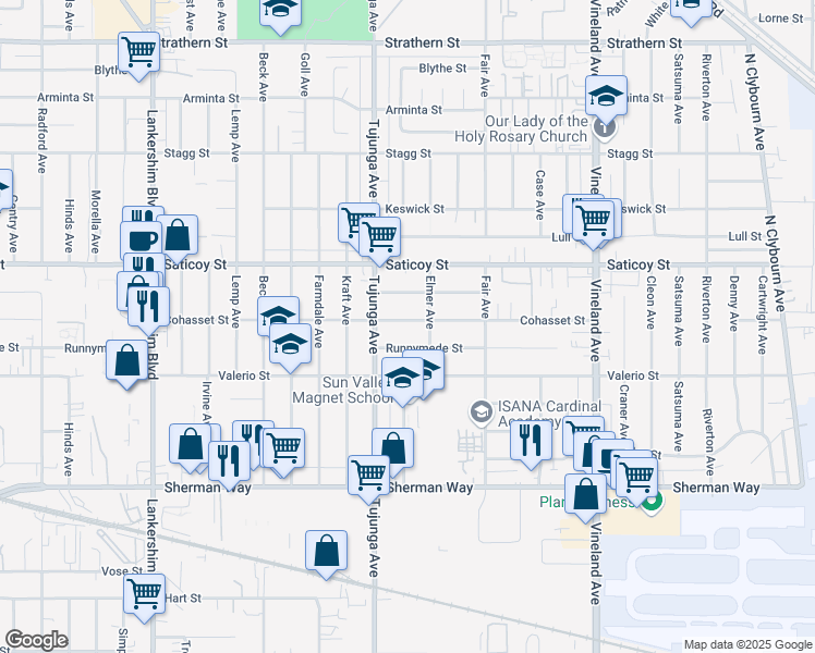 map of restaurants, bars, coffee shops, grocery stores, and more near 11322 Cohasset Street in Los Angeles