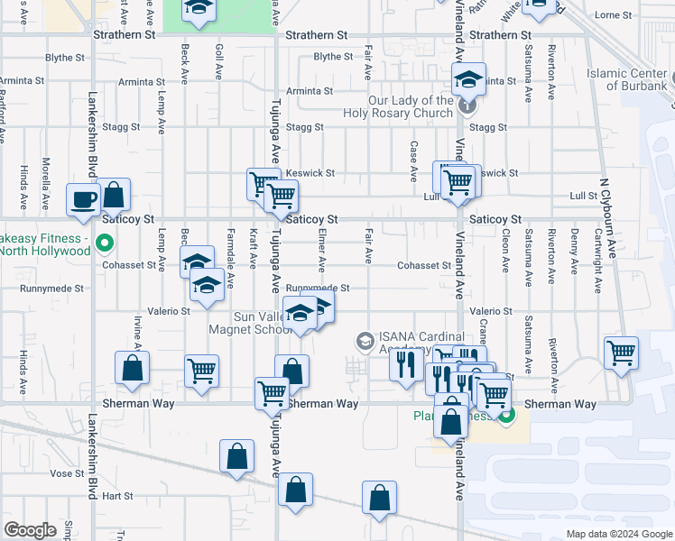 map of restaurants, bars, coffee shops, grocery stores, and more near 11242 Cohasset Street in Los Angeles