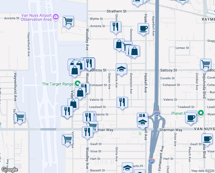 map of restaurants, bars, coffee shops, grocery stores, and more near 7455 Gaynor Avenue in Los Angeles