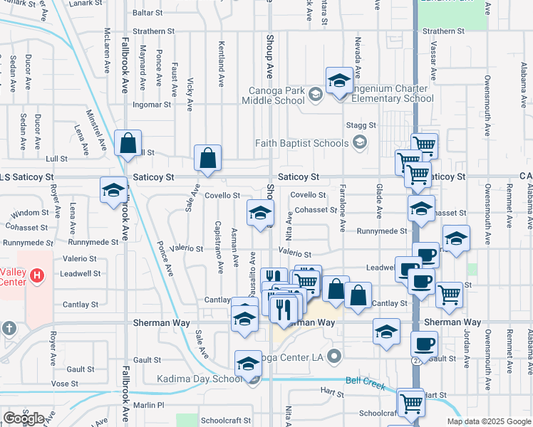 map of restaurants, bars, coffee shops, grocery stores, and more near 7460 Shoup Avenue in Los Angeles