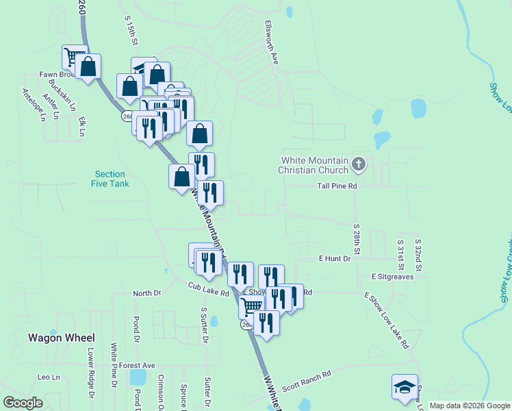 map of restaurants, bars, coffee shops, grocery stores, and more near 4850 South Manzanita Way in Show Low