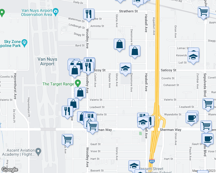 map of restaurants, bars, coffee shops, grocery stores, and more near 7455 Gaynor Avenue in Los Angeles