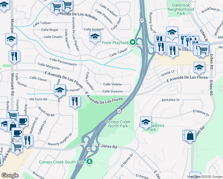 map of restaurants, bars, coffee shops, grocery stores, and more near 1389 Calle Durazno in Thousand Oaks
