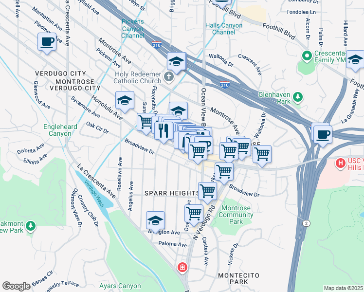 map of restaurants, bars, coffee shops, grocery stores, and more near 2349 Honolulu Avenue in Los Angeles County