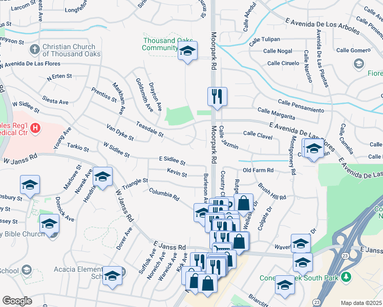 map of restaurants, bars, coffee shops, grocery stores, and more near 2125 Saxe Court in Thousand Oaks