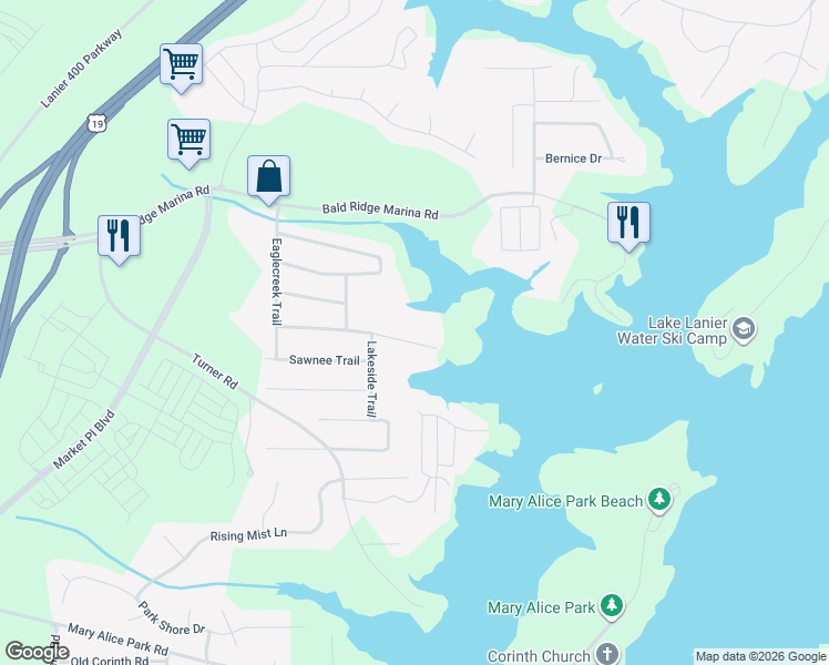 map of restaurants, bars, coffee shops, grocery stores, and more near 2165 Cove Trail in Cumming