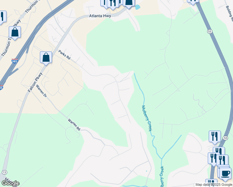 map of restaurants, bars, coffee shops, grocery stores, and more near 4020 Parks Road in Flowery Branch