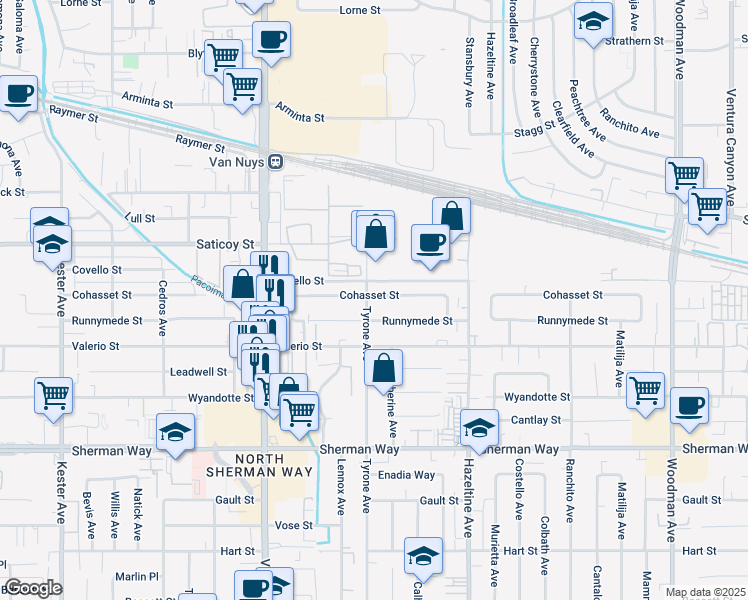 map of restaurants, bars, coffee shops, grocery stores, and more near 7443 Tyrone Avenue in Los Angeles