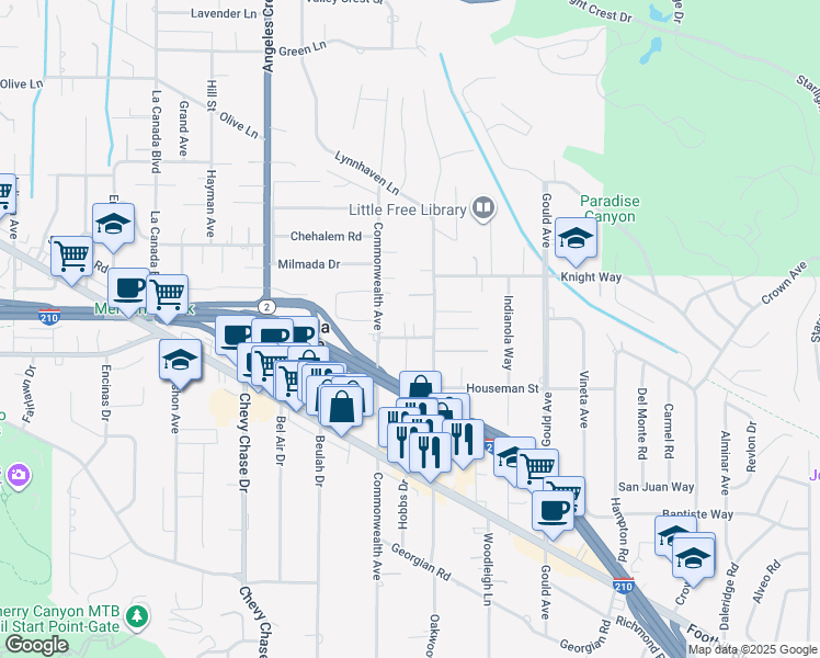 map of restaurants, bars, coffee shops, grocery stores, and more near 721 Craig Avenue in La Cañada Flintridge