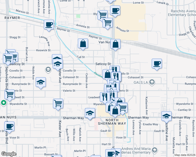 map of restaurants, bars, coffee shops, grocery stores, and more near 14625 Runnymede Street in Los Angeles