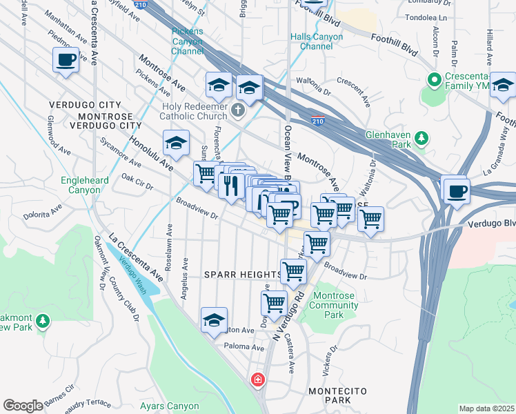 map of restaurants, bars, coffee shops, grocery stores, and more near 2355 Honolulu Avenue in Glendale