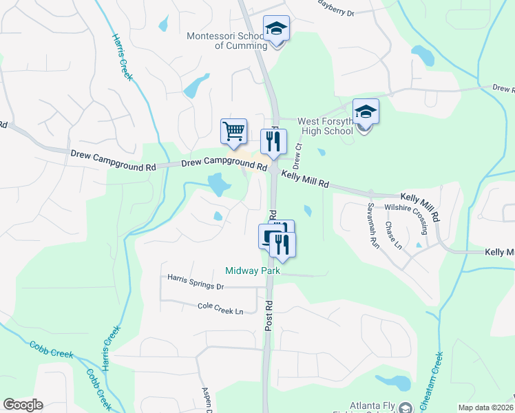 map of restaurants, bars, coffee shops, grocery stores, and more near 3550 Moor Pointe Drive in Cumming